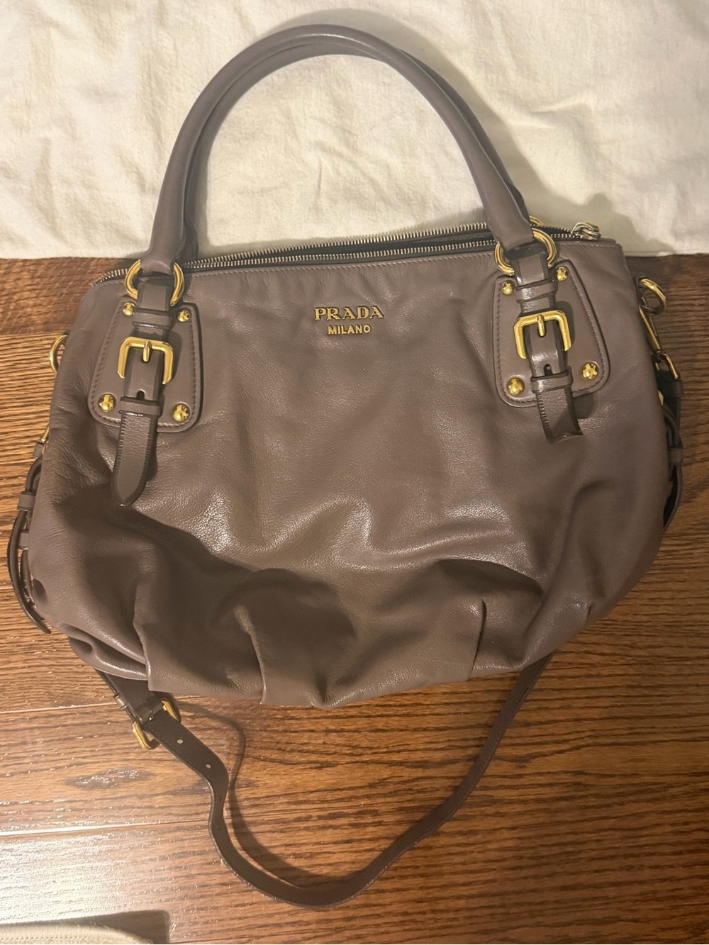Authentic Prada Taupe Leather Shoulder Bag with Gold Hardware